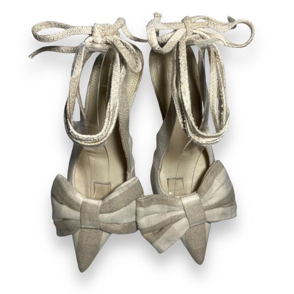 ASOS Women Linen Lace Up High Heels Shoes Size US 6 UK 4 Grayish Beige Bow Front - Picture 8 of 11